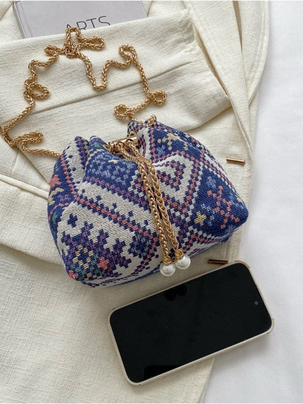 Woven Boho Drawstring Bucket Bag - Navy Pattern - Picture 6 of 7